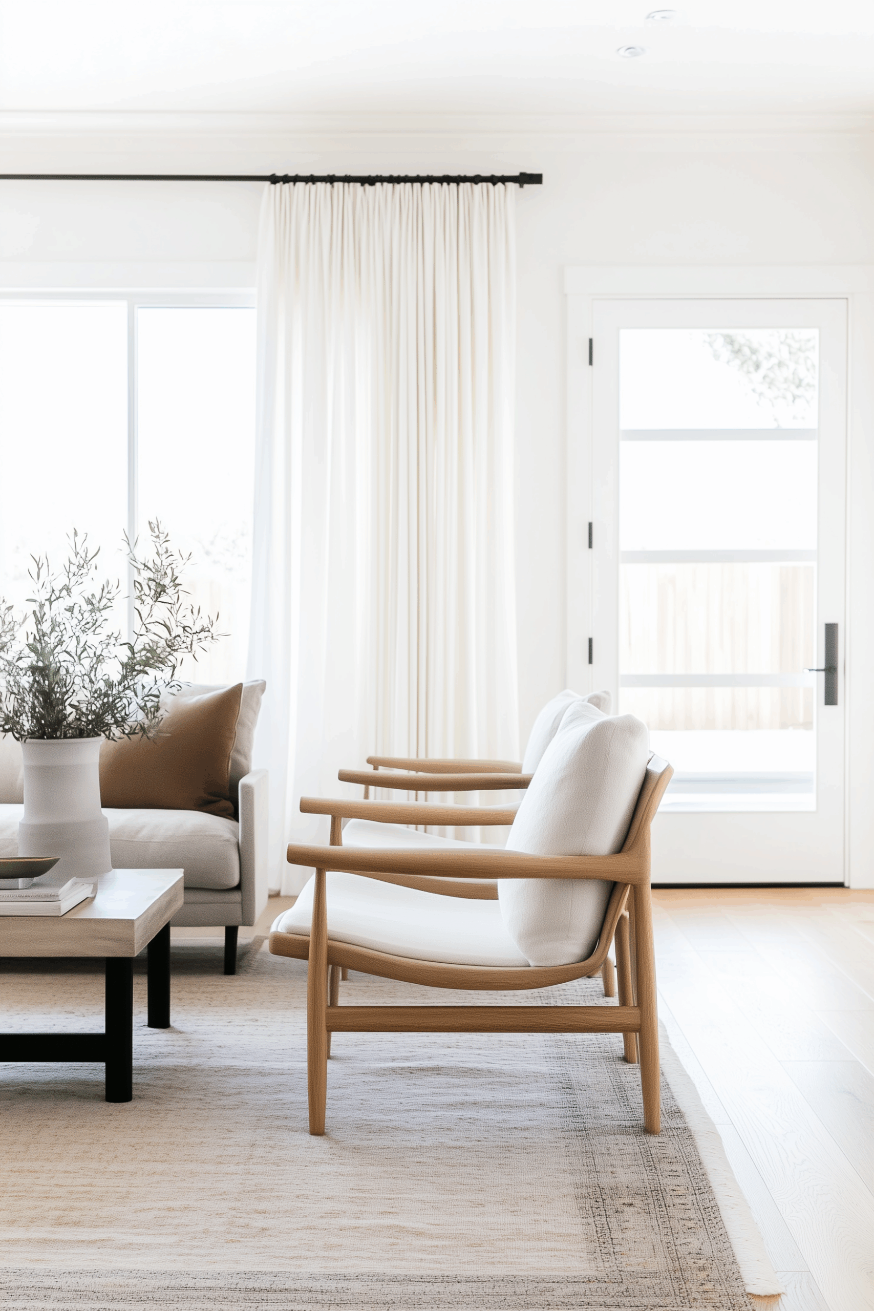 Minimalist living room corner with light wood accent chairs, white cushions, and a neutral rug beside large windows and a glass door, styled with a coffee table and ceramic vase with greenery.