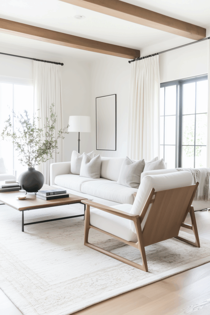 Modern neutral living room with white sofa, light wood armchair, black framed windows, and ceiling beams, styled with a large black vase and minimalist coffee table.