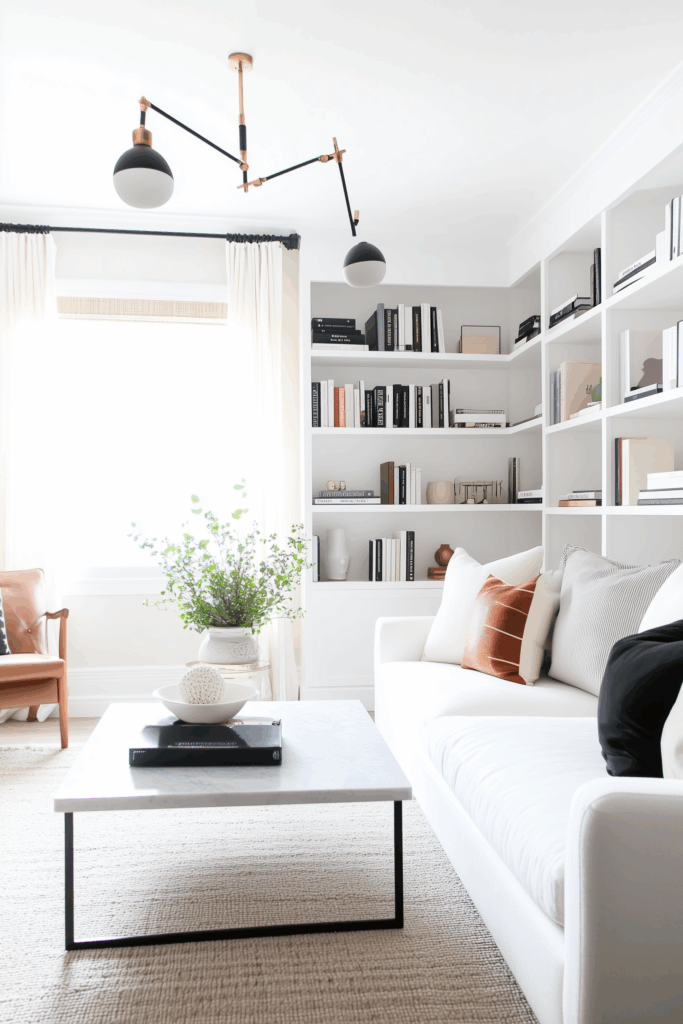 Contemporary living room with built-in white bookshelves, white sofa, rust and striped accent pillows, marble-top coffee table with black frame, and modern black-and-gold ceiling light.